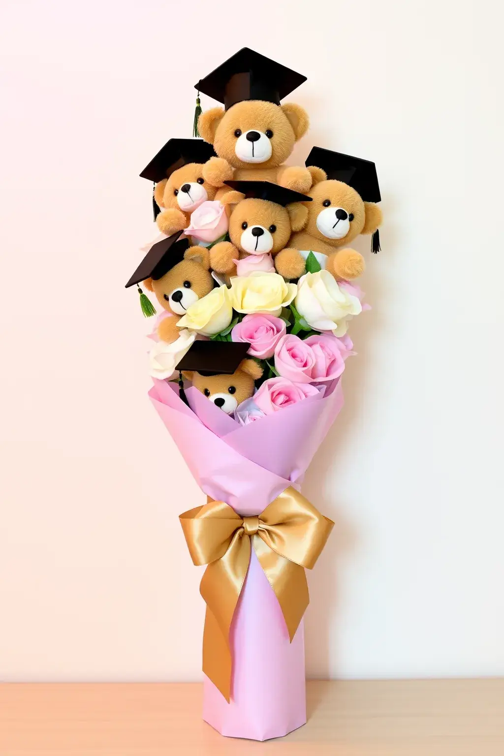 ช่อตุ๊กตาหมีรับปริญญาตัวเล็กหลายตัวกับดอกไม้ผ้า ห่อกระดาษสีพาสเทล