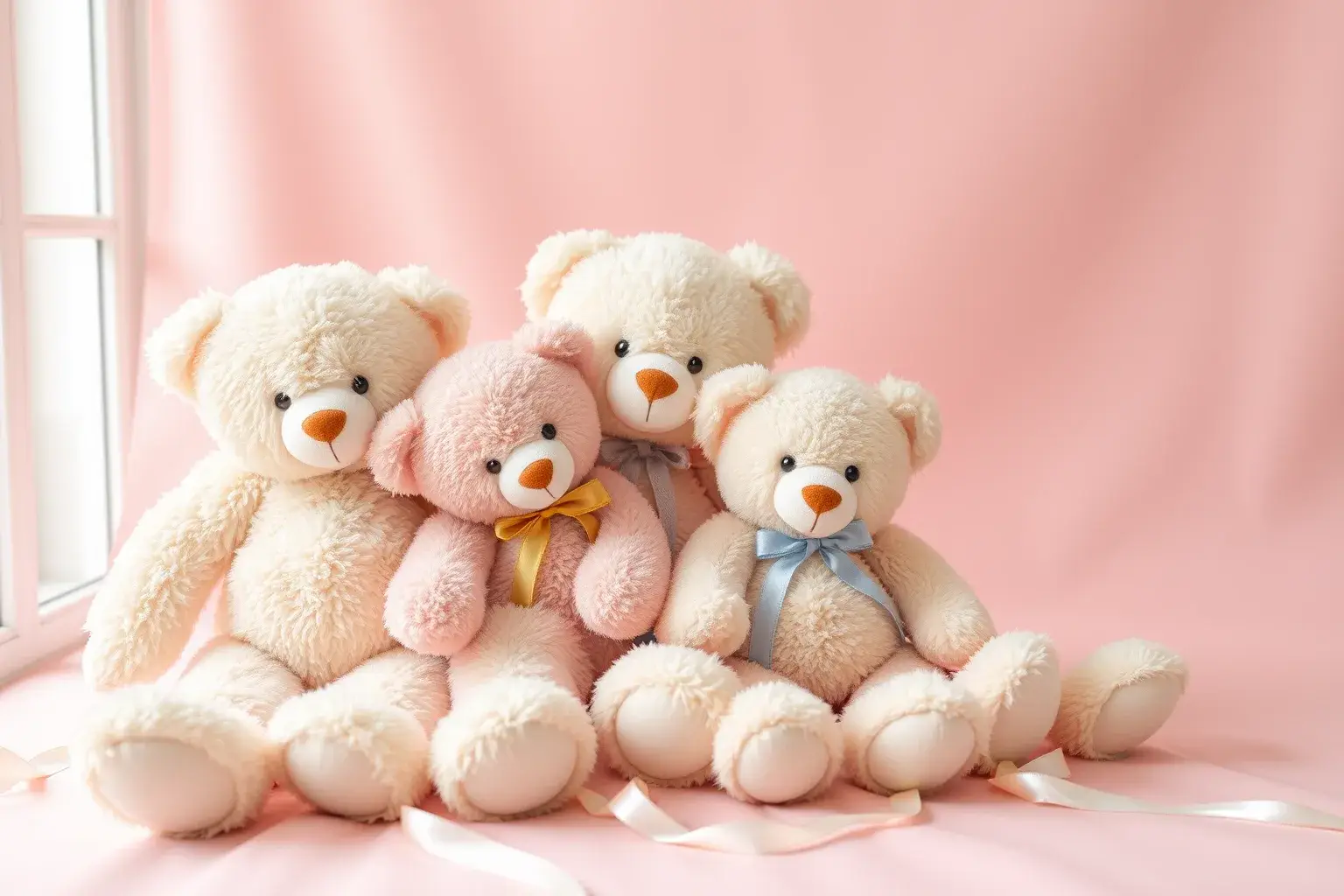 ตุ๊กตาหมีขนนุ่มหลายสีหลายไซซ์ นั่งเรียงกันบนพื้นสีชมพูพาสเทล