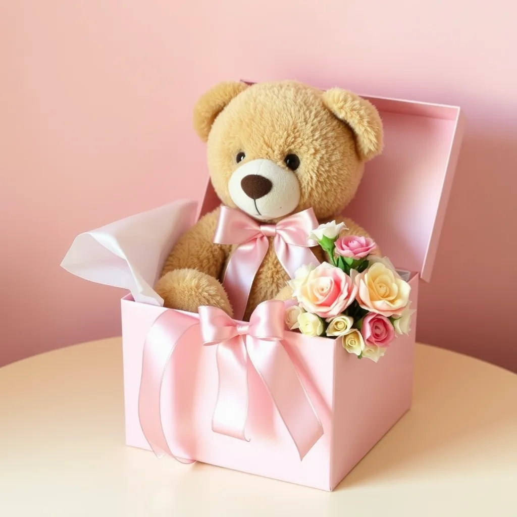 เซ็ตของขวัญตุ๊กตาหมีในกล่องสีชมพูผูกโบว์ พร้อมช่อดอกไม้ผ้า